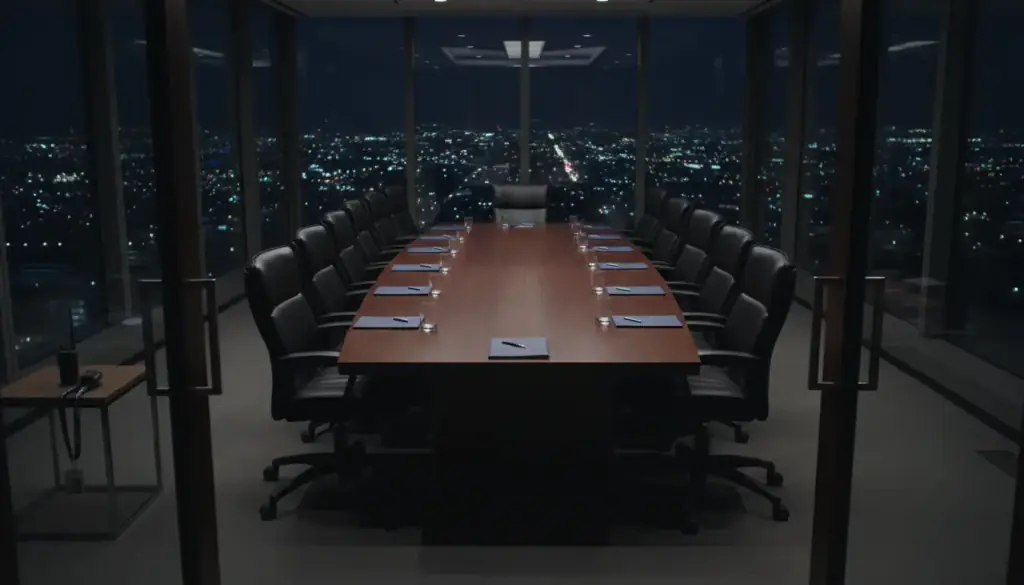 An empty boardroom at night seen from the doorway, a radio and badge lanyard on a side table