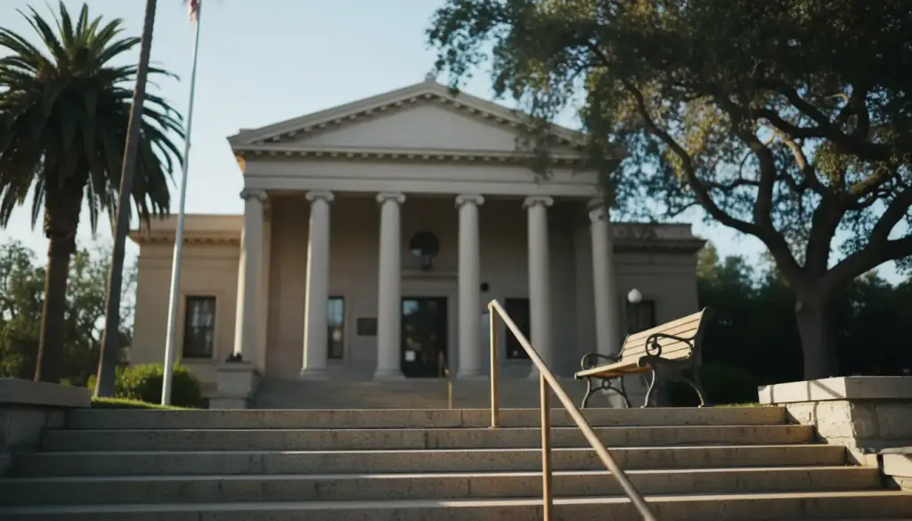 The stone steps and columns of a county courthouse in early morning light