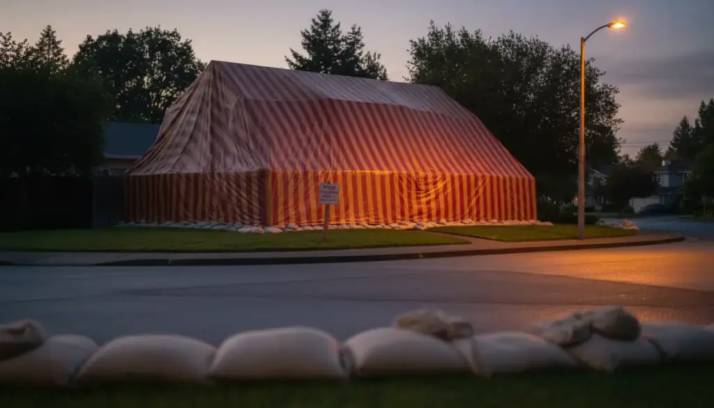 A two-storey house under a striped termite fumigation tarp at dusk, sandbags along the walk
