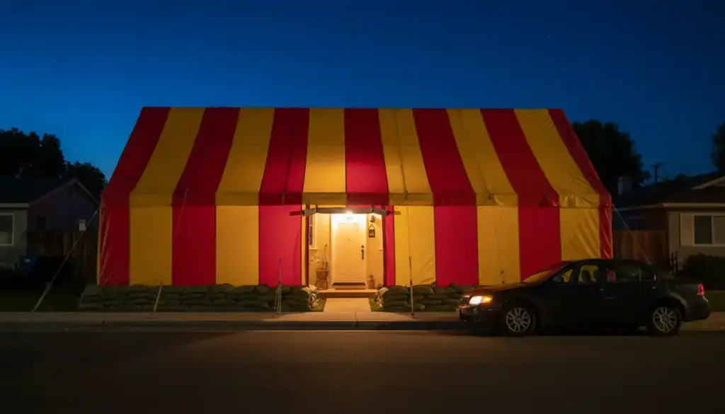 A house under a striped termite fumigation tent at night, porch light on, a sedan parked at the kerb
