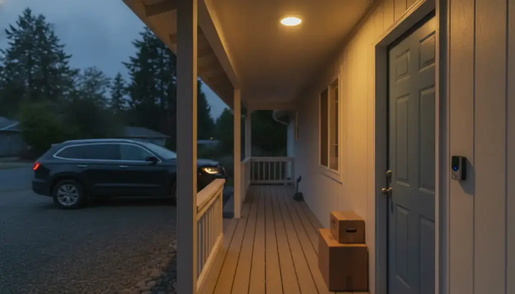A front porch at night with the porch light on, a doorbell camera and boxes stacked by the door