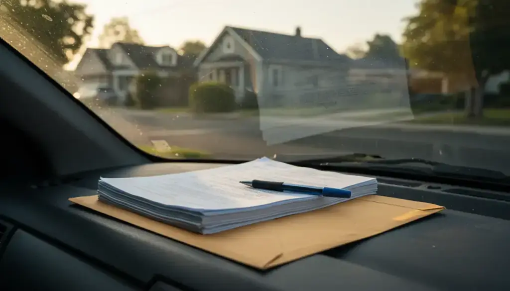 A legal envelope and stapled court papers with a pen on a car dashboard at dawn